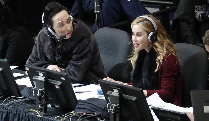 Announcers Johnny Weir and Tara Lipinski talk during the women's free skate program at the U.S. Figure Skating Championships in Detroit. Tara Lipinski, the 1998 Olympic gold medalist and now the top TV analyst in the sport along with NBC partner Johnny Weir, recognizes how jumbled the figure skating scene is. “The pre-Olympic season sets the tone of the Olympic season,” says Lipinski, who will anchor coverage of Skate America this week on NBC, NBCSN and the Peacock streaming service. (AP Photo/Paul Sancya, File)