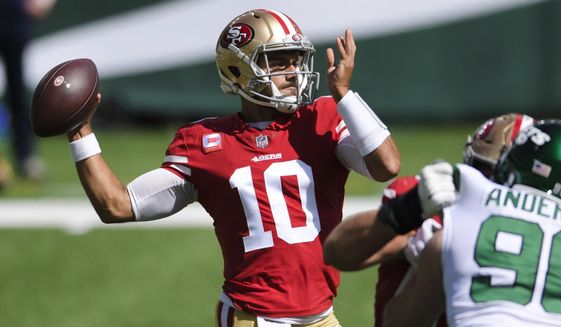 San Francisco 49ers quarterback Jimmy Garoppolo (10) throws a pass during the first half of an NFL football game against the New York Jets, Sunday, Sept. 20, 2020, in East Rutherford, N.J. Garoppolo will face his former Patriots teammates for the first time on Sunday, Oct. 25. (AP Photo/Bill Kostroun)