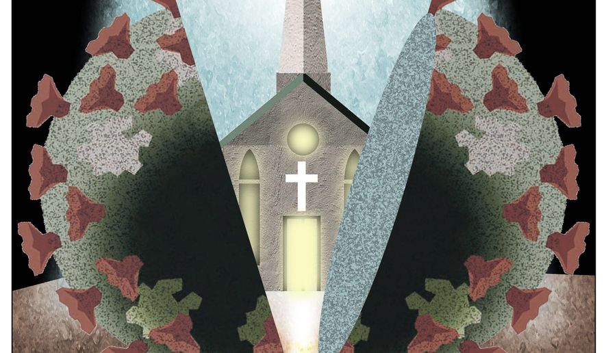 Illustration on returning to church during COVID-19 by Alexander Hunter/The Washington Times