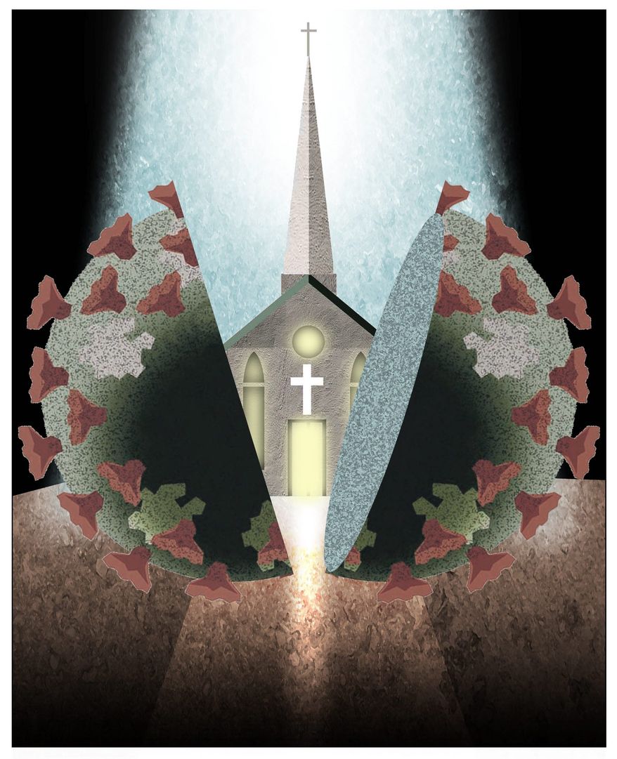 Illustration on returning to church during COVID-19 by Alexander Hunter/The Washington Times