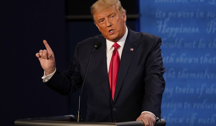 President Donald Trump answers a question during the second and final presidential debate Thursday, Oct. 22, 2020, at Belmont University in Nashville, Tenn. (AP Photo/Morry Gash, Pool)