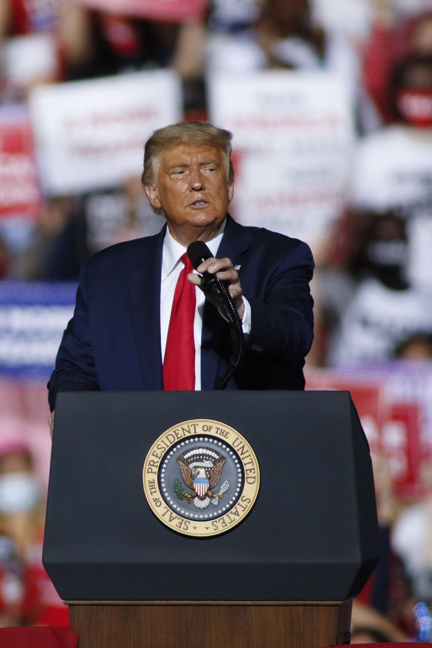 President Donald Trump, speaks at a campaign rally in Gastonia, N.C., Wednesday, Oct. 21, 2020. (AP Photo/Nell Redmond)