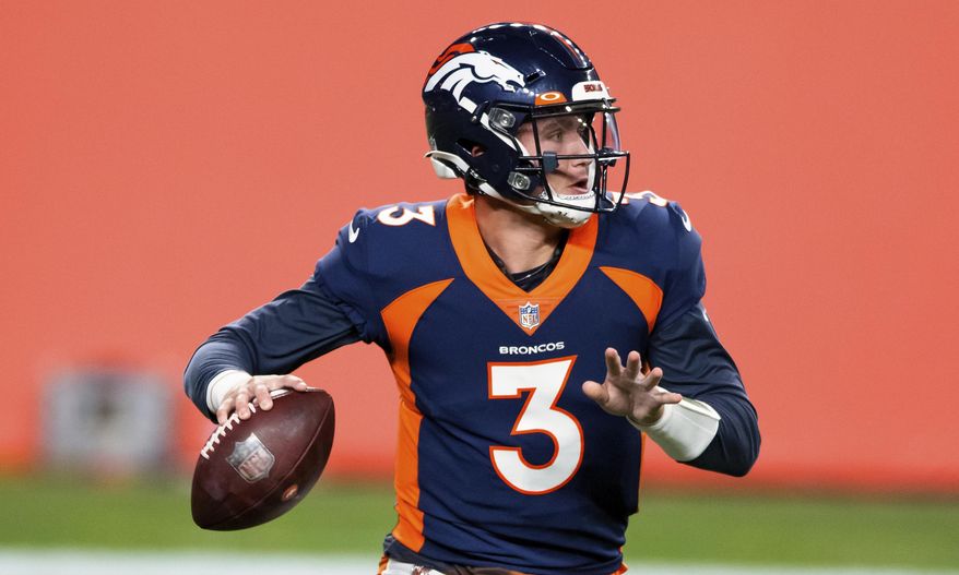 Denver Broncos quarterback Drew Lock (3) looks to pass against the Tennessee Titans during the first half of an NFL football game, Monday, Sept. 14, 2020, in Denver. The Kansas City Chiefs play at the Denver Broncos on Sunday, Oct. 25. (AP Photo/Justin Edmonds, File)
