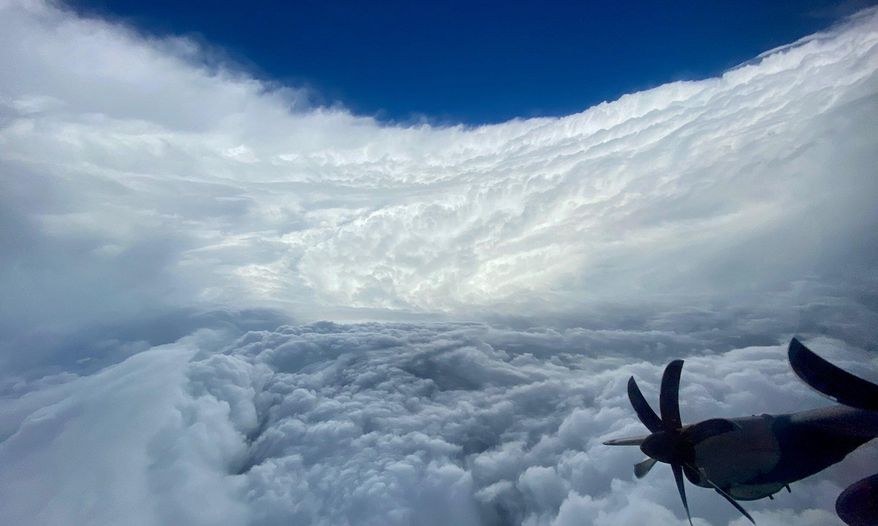 This photo provided by Air Force Reserve shows a sky view of Hurricane Epsilon taken by Air Force Reserve hurricane hunter team over the Atlantic Ocean taken Wednesday, Oct. 21, 2020. Epsilon’s maximum sustained winds have dropped slightly as it prepares to sideswipe Bermuda on a path over the Atlantic Ocean. The National Hurricane Center says it should come close enough Thursday, Oct. 22, evening to merit a tropical storm warning for the island. (Air Force Reserve via AP)