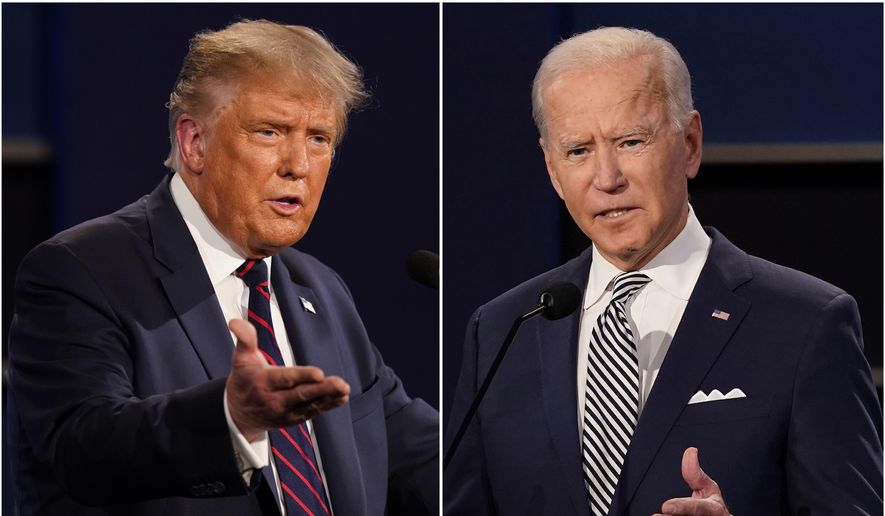 This combination of Sept. 29, 2020, file photos shows President Donald Trump, left, and former Vice President Joe Biden during the first presidential debate at Case Western University and Cleveland Clinic, in Cleveland, Ohio. Trump and Biden have starkly different visions for the international role of the United States — and the presidency.  (AP Photo/Patrick Semansky, File)