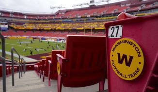 In this Sunday, Sept. 13, 2020, file photo, seats at Fedex Field display the Washington Football Team logo during pregame warmups of an NFL football game between Washington Football Team and Philadelphia Eagles, in Landover, Md. (AP Photo/Susan Walsh, File)