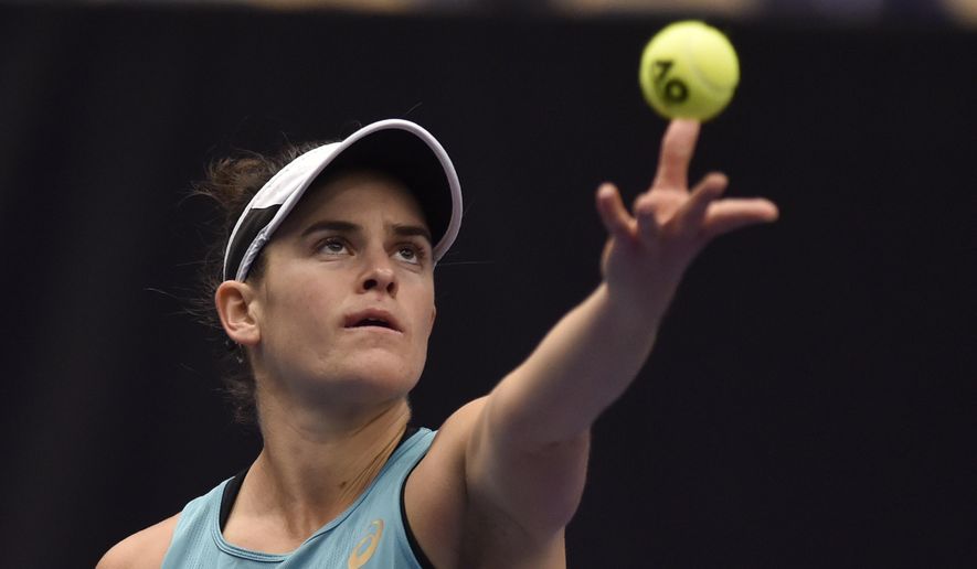 Jennifer Brady of the US plays a ball against Veronika Kudermetova of Russia during the Ostrava Open 2020 tennis tournament match in Ostrava, Czech Republic, Friday, Oct. 23, 2020. (Jaroslav Ozana/CTK via AP)