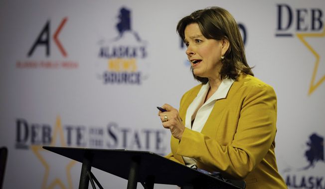 Alyse Galvin, an independent running for U.S. House from Alaska, appears during a debate Thursday, Oct. 22, 2020, in Anchorage, Alaska. She is facing incumbent U.S. Rep. Don Young, a Republican, in the general election. (Jeff Chen/Alaska Public Media via AP, Pool)