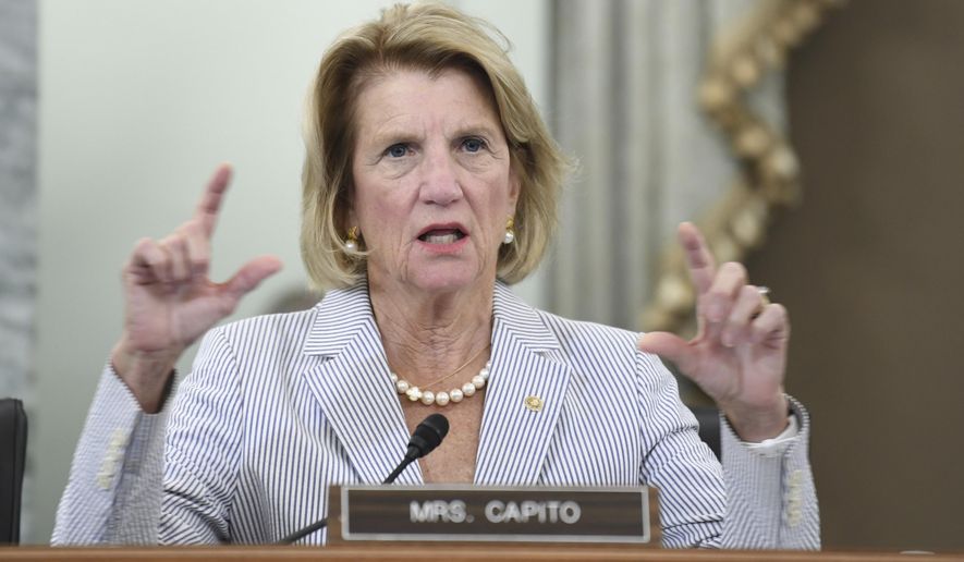 FILE - In this June 24, 2020 file photo, Sen. Shelley Moore Capito, R-W.Va., speaks during a Senate Commerce, Science, and Transportation committee hearing to examine the Federal Communications Commission on Capitol Hill in Washington. Capito has leaned hard on her record leading up to the Nov. 3 election as she tries to become the first West Virginia Republican reelected to the U.S. Senate in more than a century.   (Jonathan Newton/The Washington Post via AP, Pool)