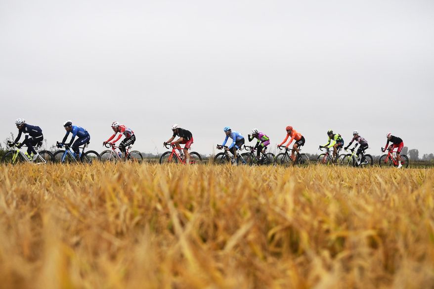 Cyclists pedal during the 19th stage of the Giro d'Italia cycling race, from Morbegno to Asti, Italy, Friday, Oct. 23, 2020. (Fabio Ferrari/LaPresse via AP)
