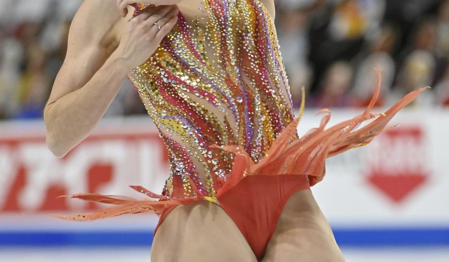 Mariah Bell, of the United States, competes during women's short program in the International Skating Union Grand Prix of Figure Skating Series, Friday, Oct. 23, 2020, in Las Vegas. (AP Photo/David Becker)