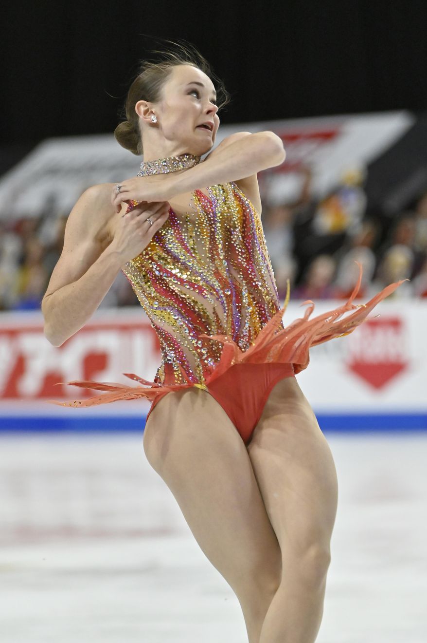 Mariah Bell, of the United States, competes during women's short program in the International Skating Union Grand Prix of Figure Skating Series, Friday, Oct. 23, 2020, in Las Vegas. (AP Photo/David Becker)