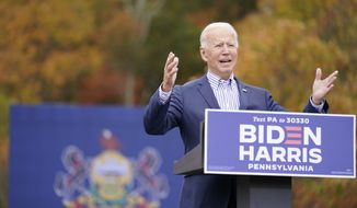 Democratic presidential candidate former Vice President Joe Biden speaks at a campaign stop at Bucks County Community College, Saturday, Oct. 24, 2020, in Bristol, Pa. (AP Photo/Andrew Harnik)