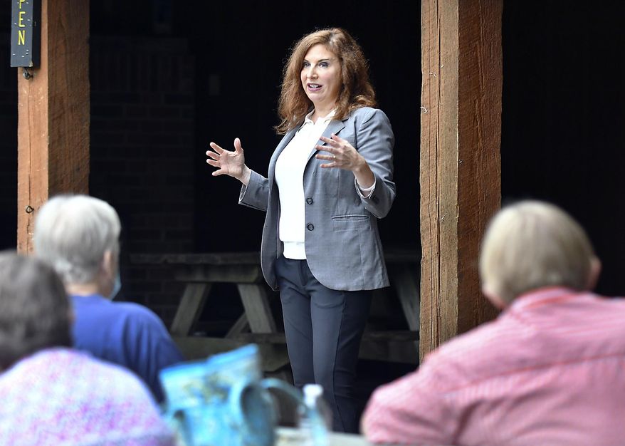 U.S. 5th Congressional District candidate Christina Hale speaks at Mounds State Park Sept. 2, 2020 during a Meet &amp;amp; Greet sponsored by One Nation Indivisible Madison County.  Republican Victoria Spartz, a state senator from Noblesville, is facing  Hale, a former state representative from Indianapolis, in a race that’s drawn millions of dollars in campaign spending and could show whether the national trend of suburban women away from Republicans under President Donald Trump extends enough to shift the Indiana seat. (John P. Cleary/The Herald Bulletin via AP)