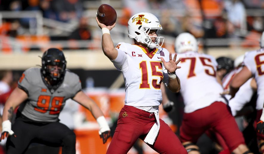 Iowa State quarterback Brock Purdy (15) throws a pass during an NCAA college football game against Oklahoma State Saturday, Oct. 24, 2020, in Stillwater, Okla. (AP Photo/Brody Schmidt)