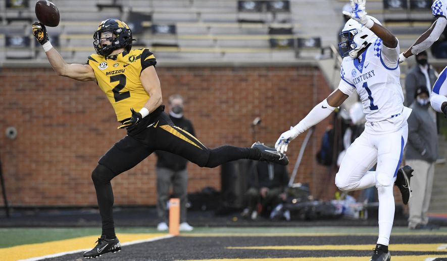 Missouri wide receiver Micah Wilson (2) is unable to catch a pass in the end zone as Kentucky defensive back Kelvin Joseph (1) watches during the second half of an NCAA college football game Saturday, Oct. 24, 2020, in Columbia, Mo. (AP Photo/L.G. Patterson)
