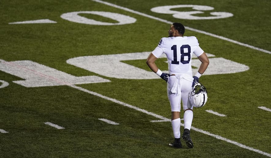 Penn State's Shaka Toney leaves the field after Indiana defeated Penn State in overtime of an NCAA college football game, Saturday, Oct. 24, 2020, in Bloomington, Ind. (AP Photo/Darron Cummings)