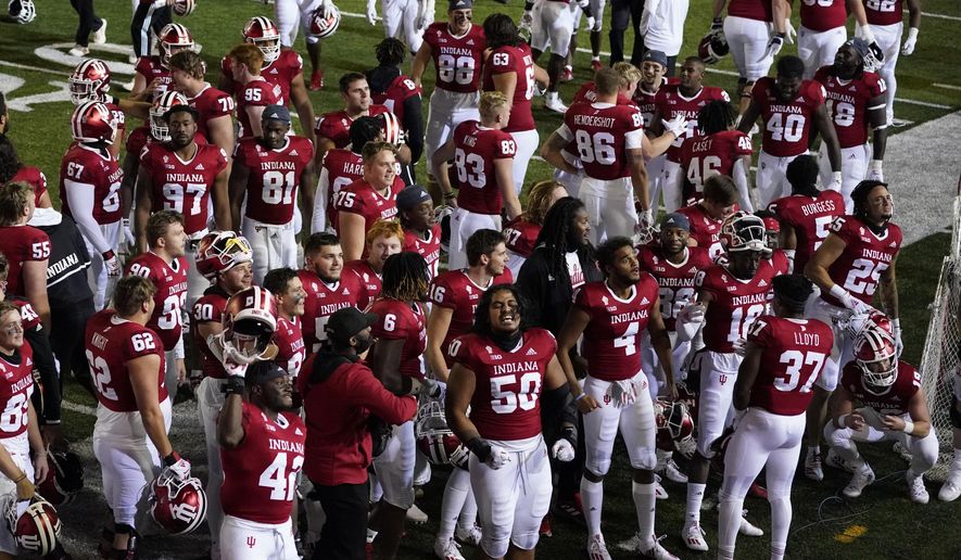 Indiana players celebrate after defeating Penn State in overtime of an NCAA college football game, Saturday, Oct. 24, 2020, in Bloomington, Ind. Indiana won 36-35 in overtime. (AP Photo/Darron Cummings) **FILE**