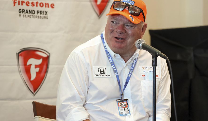 Chip Ganassi speaks about driver Jimmie Johnson joining his IndyCar team for next season at a press conference during the IndyCar race weekend Saturday, Oct. 24, 2020, in St. Petersburg, Fla. (AP Photo/Mike Carlson)