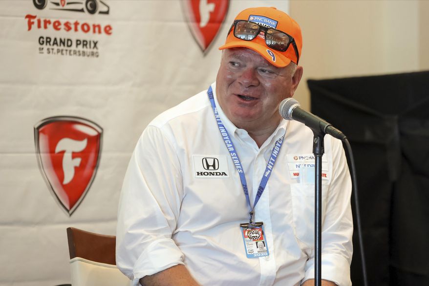 Chip Ganassi speaks about driver Jimmie Johnson joining his IndyCar team for next season at a press conference during the IndyCar race weekend Saturday, Oct. 24, 2020, in St. Petersburg, Fla. (AP Photo/Mike Carlson)
