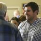 In this May 15, 2018, file photo, Alek Skarlatos, right, speaks at the Douglas County Republican Party headquarters in Roseburg, Ore. Skarlatos, who in 2015 helped thwart an attack by a gunman on a Paris-bound train, faces longtime Democratic U.S. Rep. Peter DeFazio in the November election. (Michael Sullivan/The News-Review via AP, File)