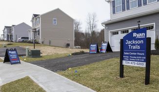 Model homes and for sale signs line the streets as construction continues at a housing plan in Zelienople, Pa., Wednesday, March 18, 2020. Sales of new homes fell by 3.5% in September to a seasonally-adjusted annual rate of 959,000 million units. The Commerce Department said Monday, Oct. 26, 2020, that despite the modest decrease, sales of new homes are up 32.1% from a year earlier, as the housing market remains strong despite the pandemic. (AP Photo/Keith Srakocic)