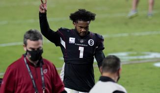Arizona Cardinals quarterback Kyler Murray (1) leaves the field after an NFL football game against the Seattle Seahawks, Sunday, Oct. 25, 2020, in Glendale, Ariz. The Cardinals won 37-34 in overtime. (AP Photo/Ross D. Franklin)