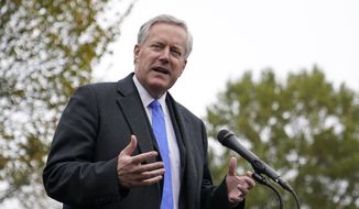 White House Chief of Staff Mark Meadows speaks with reporters outside the White House, Monday, Oct. 26, 2020, in Washington. (AP Photo/Patrick Semansky) ** FILE **