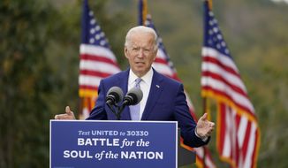 Democratic presidential candidate former Vice President Joe Biden speaks at Mountain Top Inn &amp; Resort, Tuesday, Oct. 27, 2020, in Warm Springs, Ga. (AP Photo/Andrew Harnik)