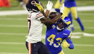 Los Angeles Rams safety John Johnson III, right, breaks up a pass intended for Chicago Bears wide receiver Anthony Miller during the second half of an NFL football game Monday, Oct. 26, 2020, in Inglewood, Calif. (AP Photo/Kelvin Kuo)