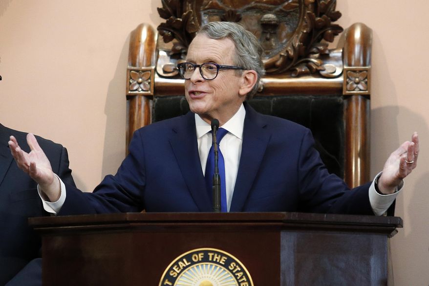 FILE - In this March 5, 2019, file photo, Ohio Gov. Mike DeWine speaks during the Ohio State of the State address at the Ohio Statehouse in Columbus, Ohio. Every Tuesday for months, DeWine interrupts his remarks on pandemic stats and safety measures and pleads with fellow Republican lawmakers to act on his legislation addressing gun violence in the state. DeWine proposed the bill after a mass shooting in Dayton in 2019. A key element is boosting penalties for felons committing new crimes with guns. The governor says the need has only grown more dire since Dayton. (AP Photo/Paul Vernon, File)