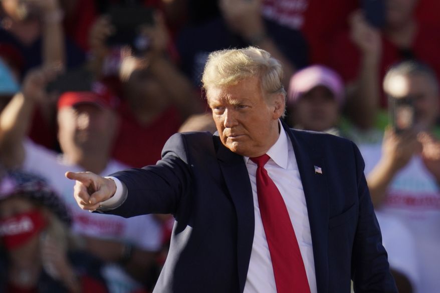President Donald Trump points to the crowd after speaking at a campaign rally at Phoenix Goodyear Airport Wednesday, Oct. 28, 2020, in Goodyear, Ariz. (AP Photo/Ross D. Franklin) **FILE**