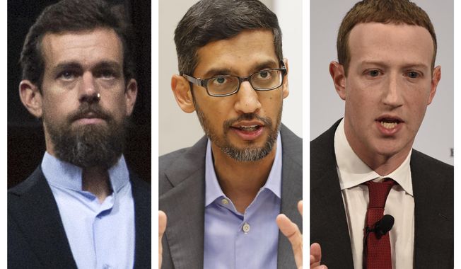 This combination of 2018-2020 photos shows, from left, Twitter CEO Jack Dorsey, Google CEO Sundar Pichai, and Facebook CEO Mark Zuckerberg. Less than a week before Election Day, the CEOs of Twitter, Facebook and Google are set to face a grilling by Republican senators who accuse the tech giants of anti-conservative bias. Democrats are trying to expand the discussion to include other issues such as the companies’ heavy impact on local news. (AP Photo/Jose Luis Magana, LM Otero, Jens Meyer)