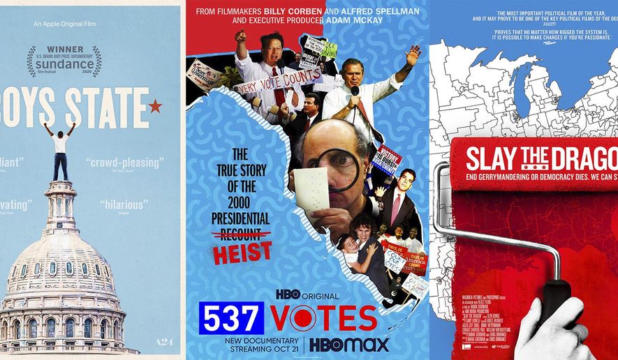 This combination photo shows poster art for political documentaries, from left, &amp;quot;All In: The Fight for Democracy,&amp;quot; &amp;quot;Boys State,&amp;quot; &amp;quot;537 Votes,&amp;quot;   &amp;quot;Slay the Dragon,&amp;quot; and &amp;quot;The Fight.&amp;quot;  The election has unleashed an avalanche of documentaries like no season before it. Dozens of films, exploring issues from gerrymandering to white supremacists, have sought to illuminate the many issues and trends voters are confronting at the polls on Tuesday. In a presidential election of enormous stakes, filmmakers have rushed to finish their films before Election Day. (Amazon, from left, Apple TV Plus, HBO Max, Magnolia Pictures, Magnolia Pictures via AP)
