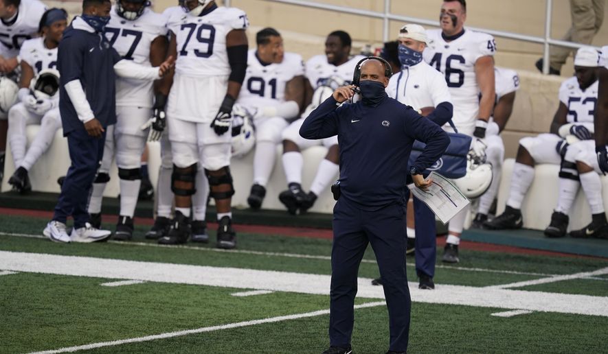 Penn State head coach James Franklin watches during the second half of an NCAA college football game against Indiana, Saturday, Oct. 24, 2020, in Bloomington, Ind. Indiana won 36-35 in overtime. (AP Photo/Darron Cummings)