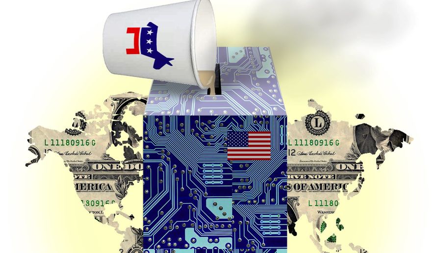 Illustration on Democratic party interference with American tech dominance by Alexander Hunter/The Washington Times