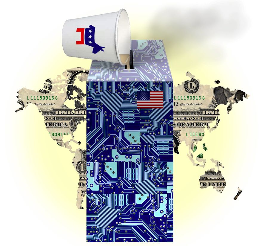 Illustration on Democratic party interference with American tech dominance by Alexander Hunter/The Washington Times