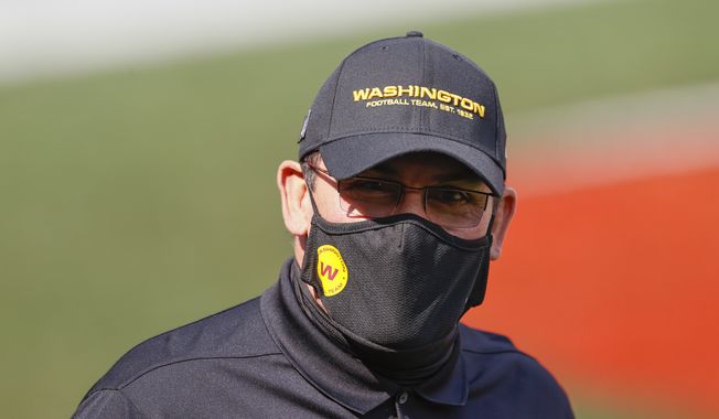 Washington Football Team head coach Ron Rivera is shown before an NFL football game against the Cleveland Browns, Sunday, Sept. 27, 2020, in Cleveland. (AP Photo/Ron Schwane)