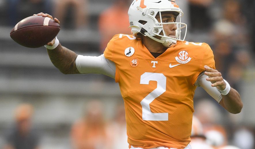 Tennessee quarterback Jarrett Guarantano (2) throws a pass against Alabama during an NCAA college football game in Knoxville, Tenn., Saturday, Oct. 24, 2020. (Caitie McMekin/Knoxville News Sentinel via AP)
