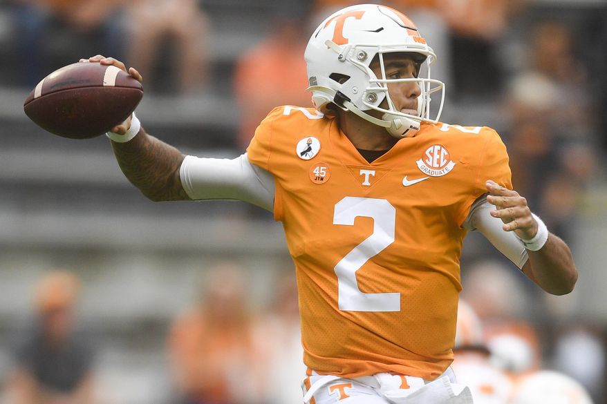 Tennessee quarterback Jarrett Guarantano (2) throws a pass against Alabama during an NCAA college football game in Knoxville, Tenn., Saturday, Oct. 24, 2020. (Caitie McMekin/Knoxville News Sentinel via AP)