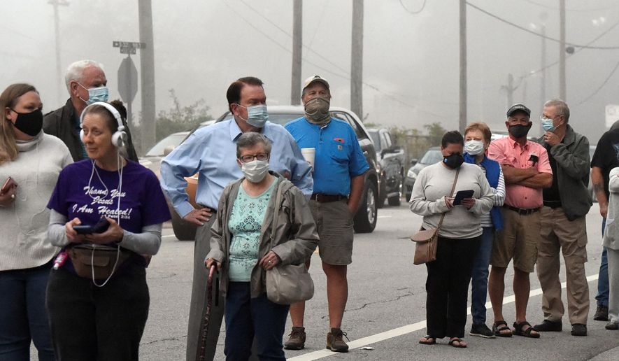 Voters line up to cast in-person absentee ballots on Tuesday, Oct. 27, 2020, in West Columbia, S.C. State election officials say they are receiving record numbers of early votes ahead of the 2020 general election vote. (AP Photo/Meg Kinnard)