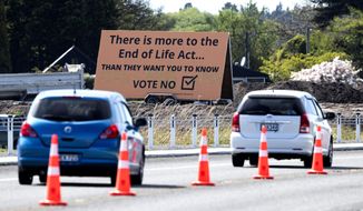 FILE - In this Oct. 16, 2020, file photo, cars are driven past a billboard urging voters to vote &amp;quot;No&amp;quot; against euthanasia in Christchurch, New Zealand. New Zealanders have voted on Friday, Oct. 30, 2020 in favor of legalizing euthanasia in a binding referendum. But in preliminary results they were rejecting a measure to legalize marijuana. (AP Photo/Mark Baker, File)