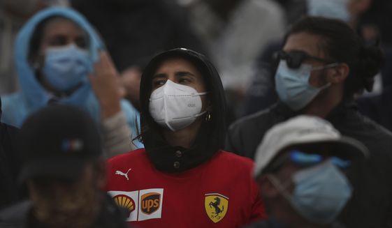 Fans wearing protective face masks watch the Formula One Portuguese Grand Prix at the Algarve International Circuit in Portimao, Portugal, Sunday, Oct. 25, 2020. (Jose Sena Goulao, Pool via AP)