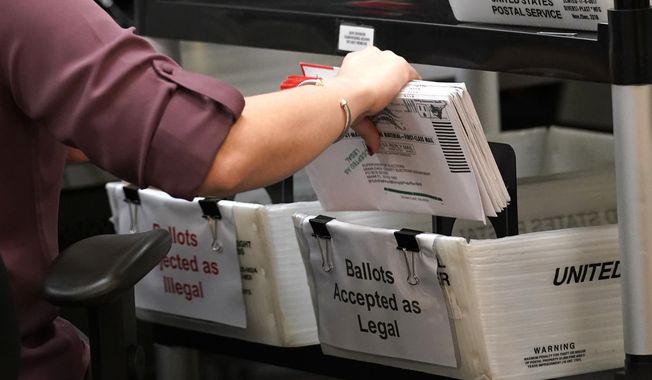 In this Oct. 26, 2020, file photo, an election worker sorts vote-by-mail ballots at the Miami-Dade County Board of Elections, in Doral, Fla. (AP Photo/Lynne Sladky, File)
