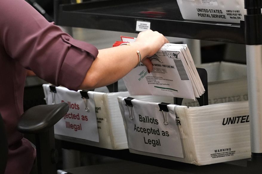 In this Oct. 26, 2020, file photo, an election worker sorts vote-by-mail ballots at the Miami-Dade County Board of Elections, in Doral, Fla. (AP Photo/Lynne Sladky, File)
