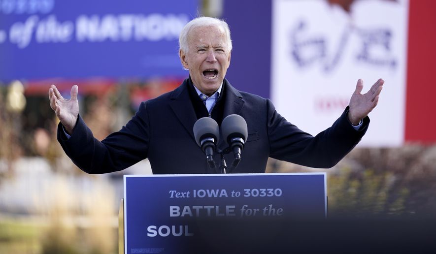 Democratic presidential candidate former Vice President Joe Biden speaks at a rally at the Iowa State Fairgrounds in Des Moines, Iowa, Friday, Oct. 30, 2020. Biden is holding rallies today in Des Moines, Iowa, Saint Paul, Minn., and Milwaukee, Wis. (AP Photo/Andrew Harnik)