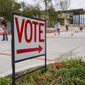 A sign directs people to an early voting poll at the Collin College campus in Wylie, Texas on Thursday, Oct. 29, 2020. (Juan Figueroa/The Dallas Morning News via AP)