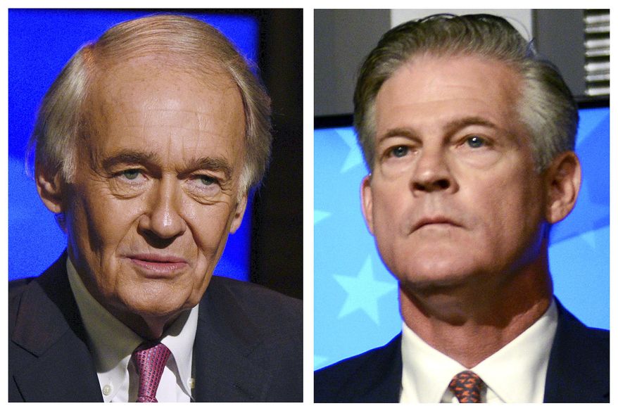 FILE - This Oct. 5, 2020, photo combo, shows incumbent U.S. Sen. Edward Markey, D-Mass., left, and Republican challenger Kevin O'Connor, right, who are seeking to represent Massachusetts in the the Senate in the Nov. 3 general election. (Meredith Nierman/Pool Photos via AP, File)