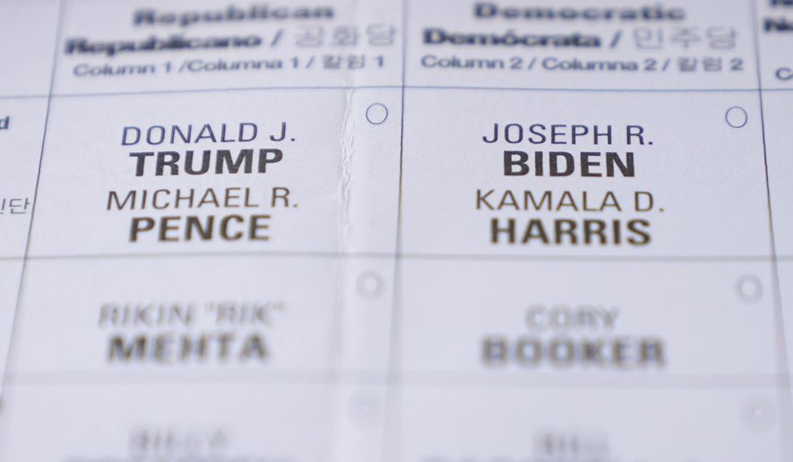 A New Jersey mail-in ballot is seen in Englewood, N.J., Tuesday, Oct. 13, 2020. (AP Photo/Seth Wenig, File)