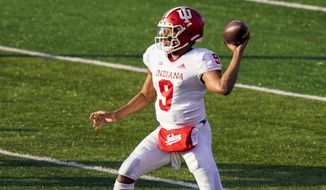 Indiana quarterback Michael Penix Jr. throws a pass during the second quarter of the team&#39;s NCAA college football game against Rutgers, Saturday, Oct. 31, 2020, in Piscataway, N.J. (AP Photo/Corey Sipkin)